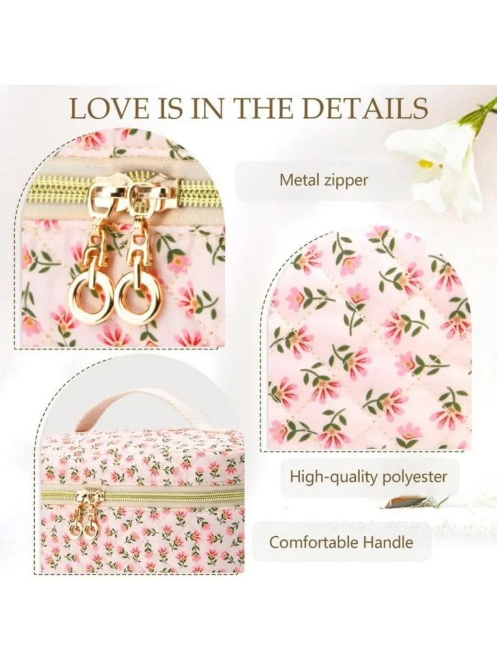 3 PCS Personalized Travel Makeup Bag Set - Quilted Cosmetic Organizer & Toiletry
